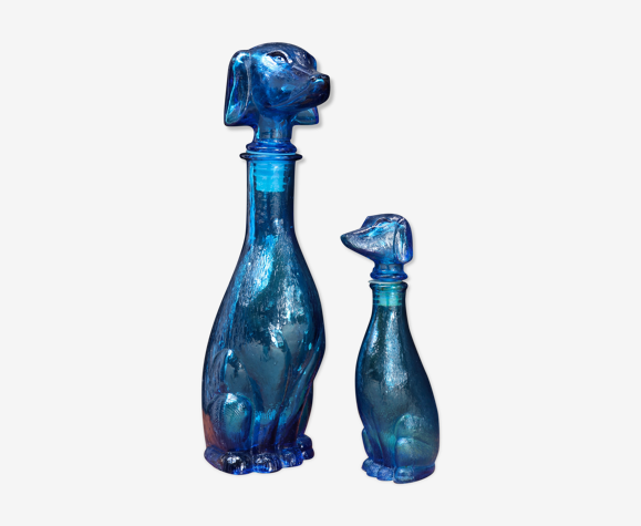 Bouteilles "chien", carafes bleues en verre Empoli, années 60
