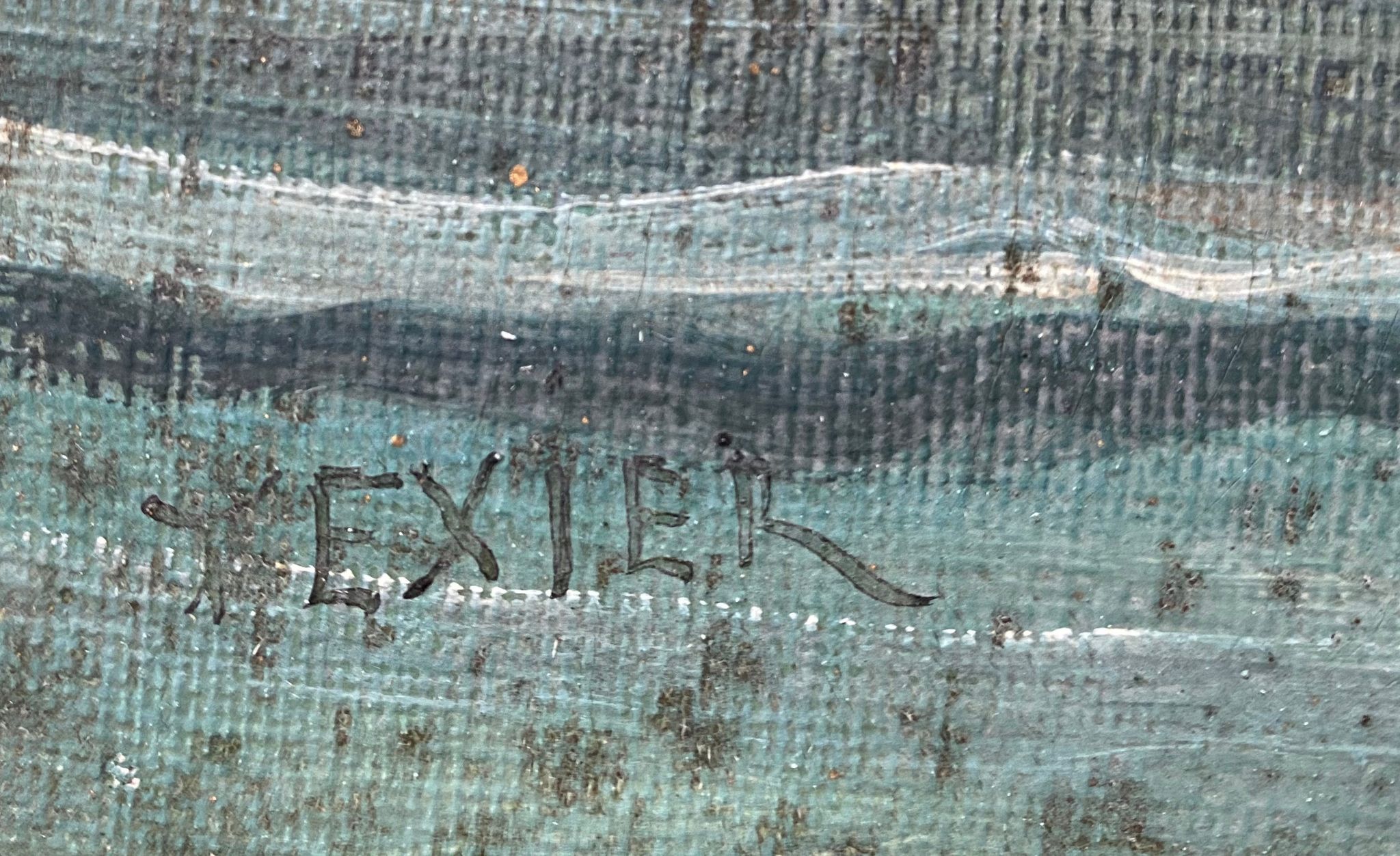 HST painting "Landscape with towns and fishermen" signed Texier + frame XIX°
