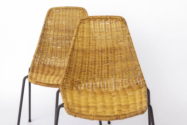 Ensemble de 2 chaises panier Gianfranco Legler, chaises en rotin des années 1950, style milieu de siècle.