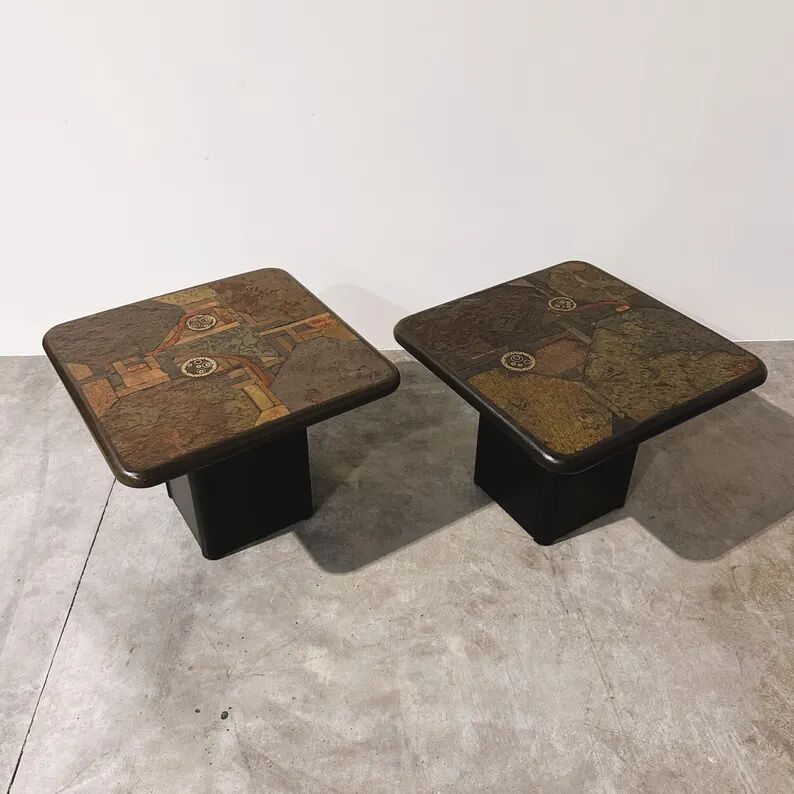 Pair of vintage Kneipp side tables with sculptural tops in mixed materials, 1970s