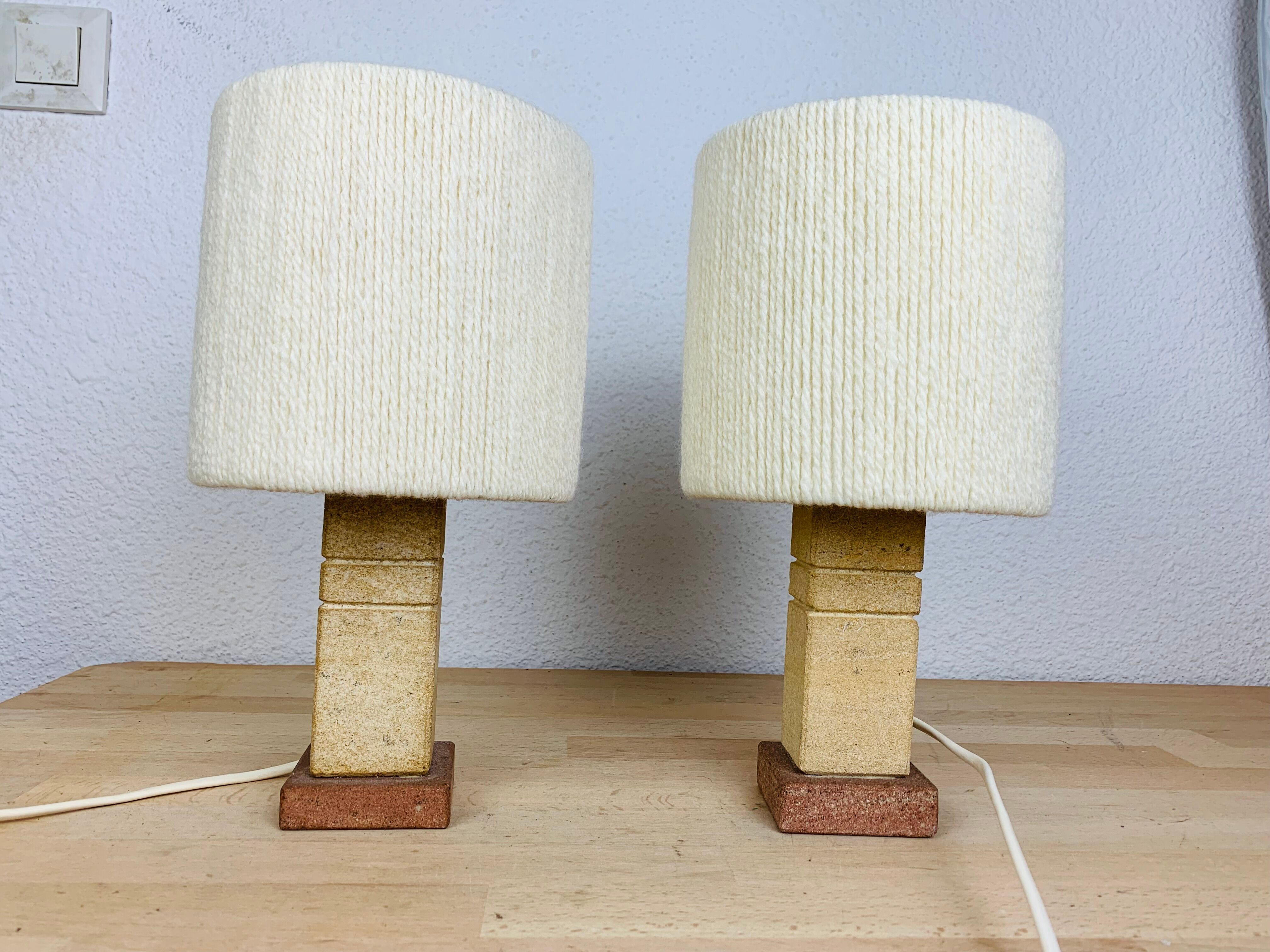 Pair of brutalist lamps pink sandstone and wool lampshade