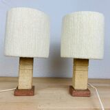 Pair of brutalist lamps pink sandstone and wool lampshade