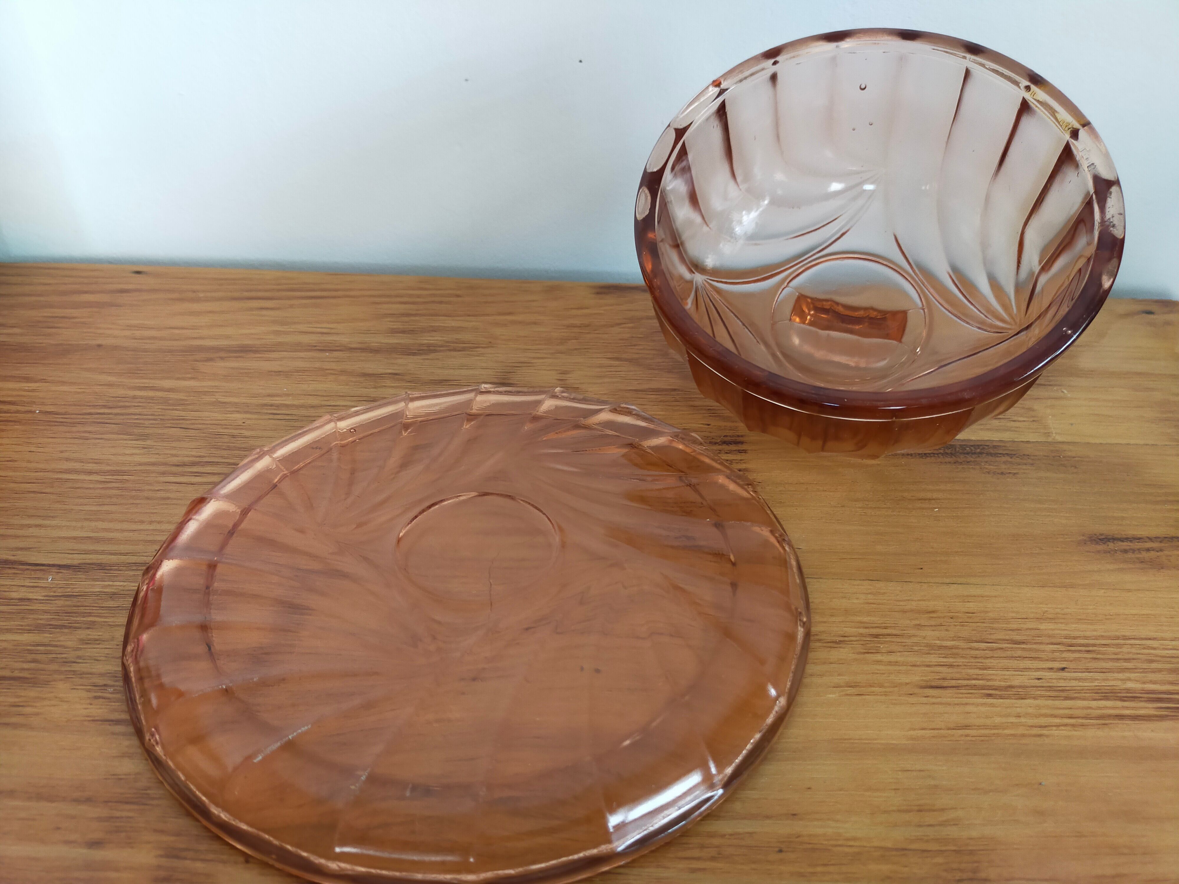 Cheese bell and vintage plate in art deco pink molded glass