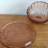 Cheese bell and vintage plate in art deco pink molded glass