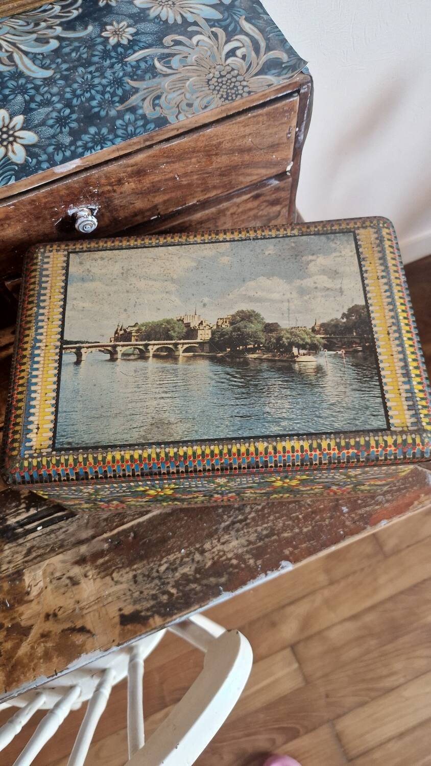 Large old mosaic metal box