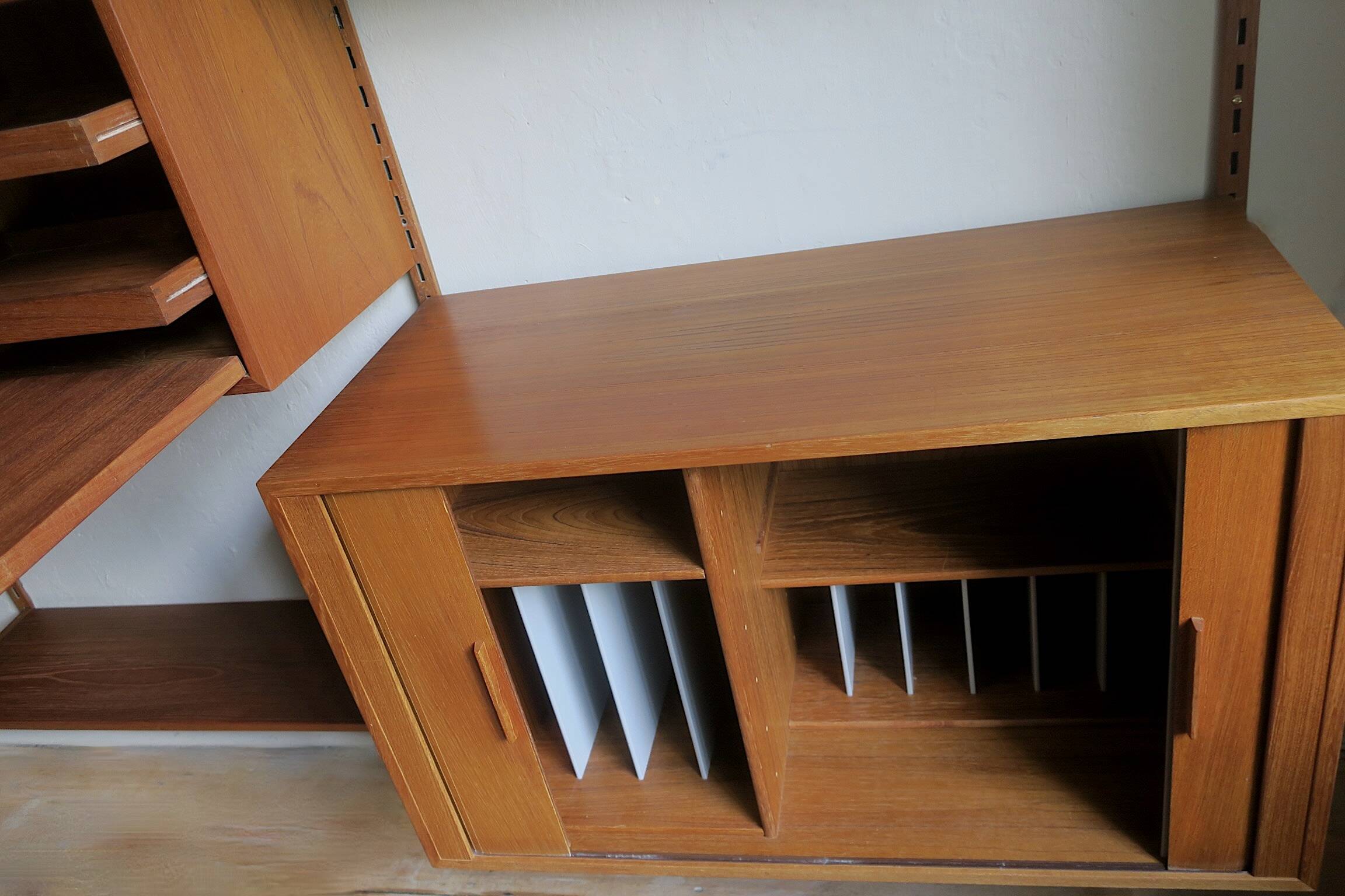 Modular 3-compartment teak wall shelving system with desk and lighting by Kai Kristiansen for FM, Denmark, 1960s
