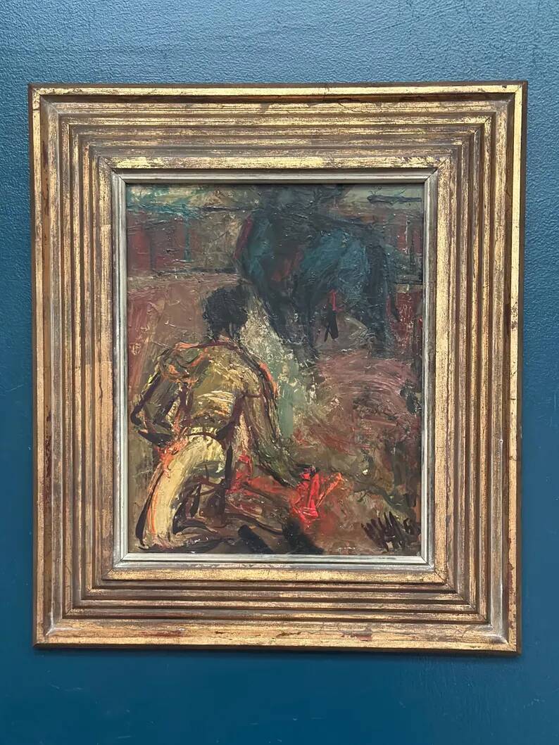 Original Swedish Oil on Panel – "The Bullfight" by Owe Wessbohn – Dated 1953 – Framed Period Piece – 59 × 51 cm