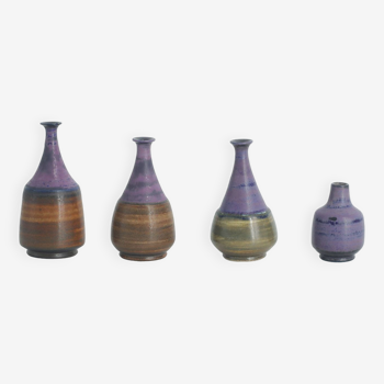 Small MidCentury Swedish Modern Collectible Brown & Purple Stoneware Vases by Gunnar Borg , Set of 4