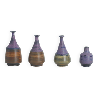 Small MidCentury Swedish Modern Collectible Brown & Purple Stoneware Vases by Gunnar Borg , Set of 4