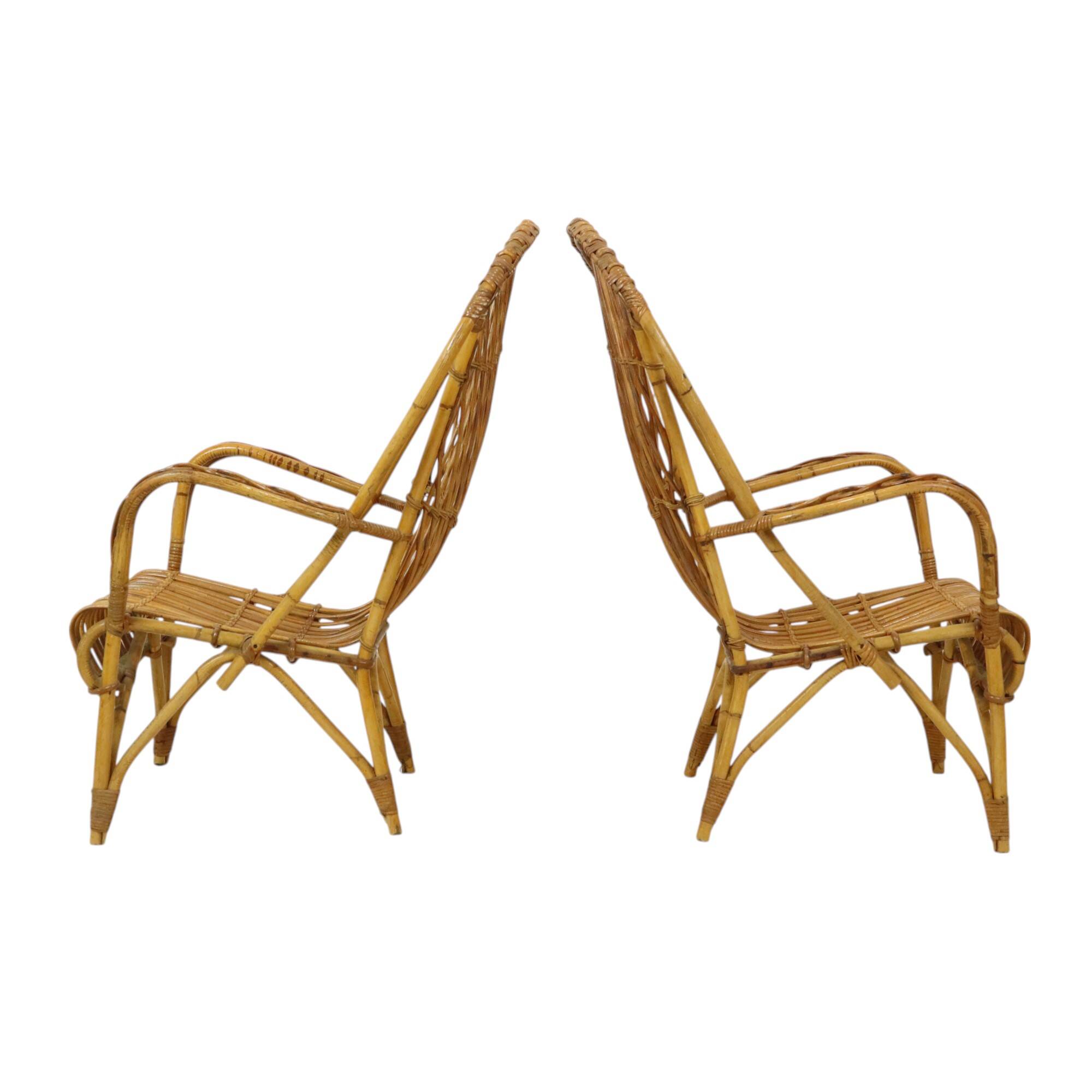 Vintage Set Rattan Chairs Armchairs Table Boho Design Sixties