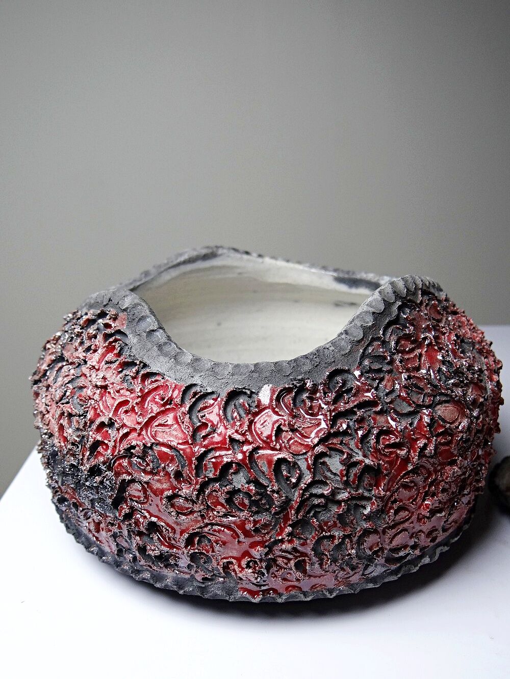 Vintage 2000s red and grey handmade raku jewellery box