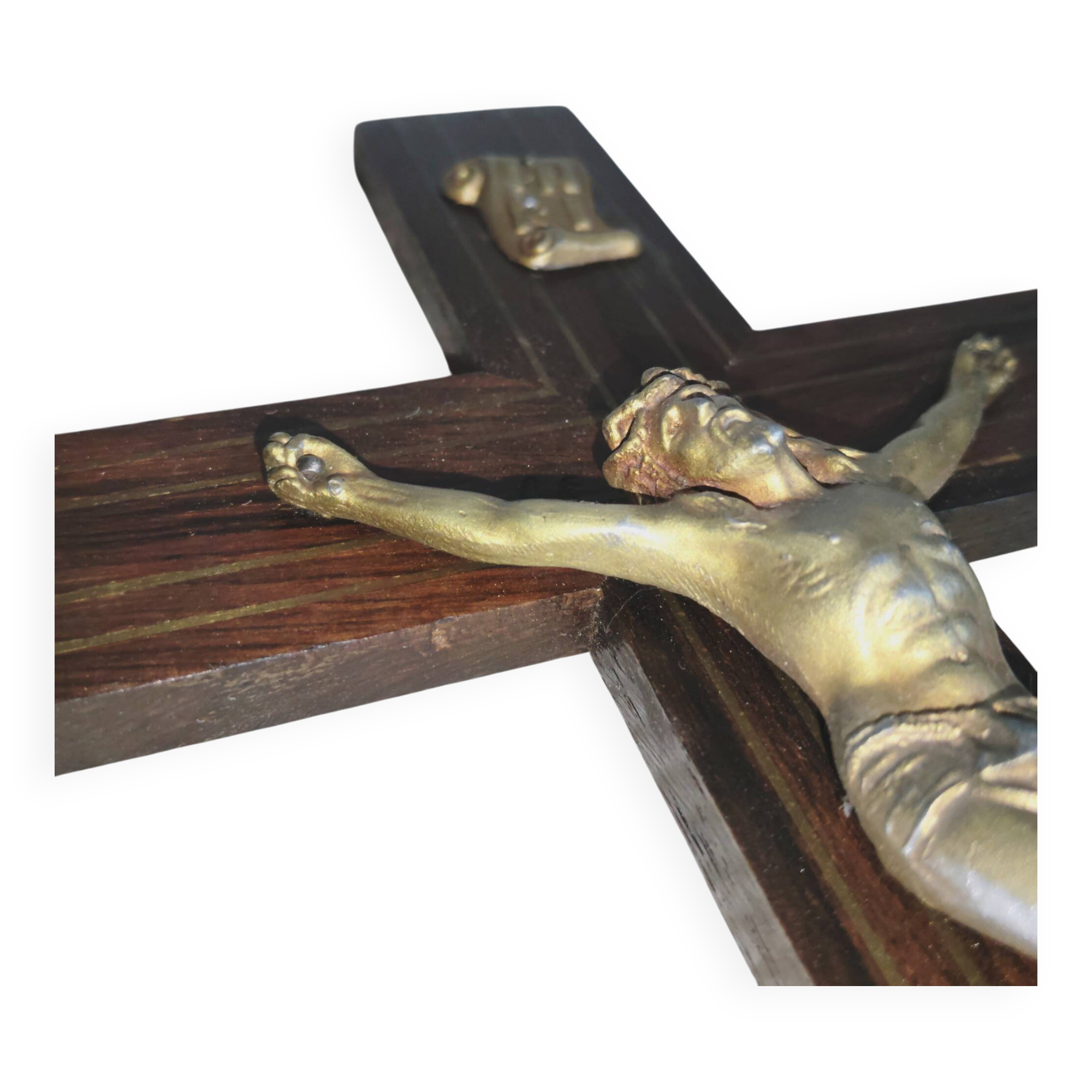 Large Antique Walnut Crucifix with Brass Inserts - Vintage 1920 - French