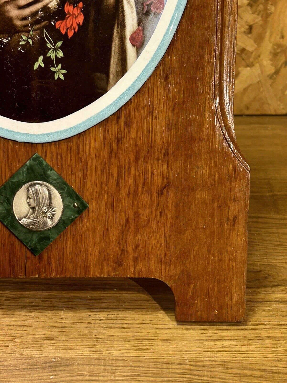 Old bedside oratory, oak, enamelled plaque, holy virgin, lourdes