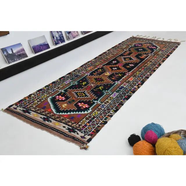 1970s Vintage Turkish Oushak Handmade Wool Cotton Brown Runner Rug 96x301