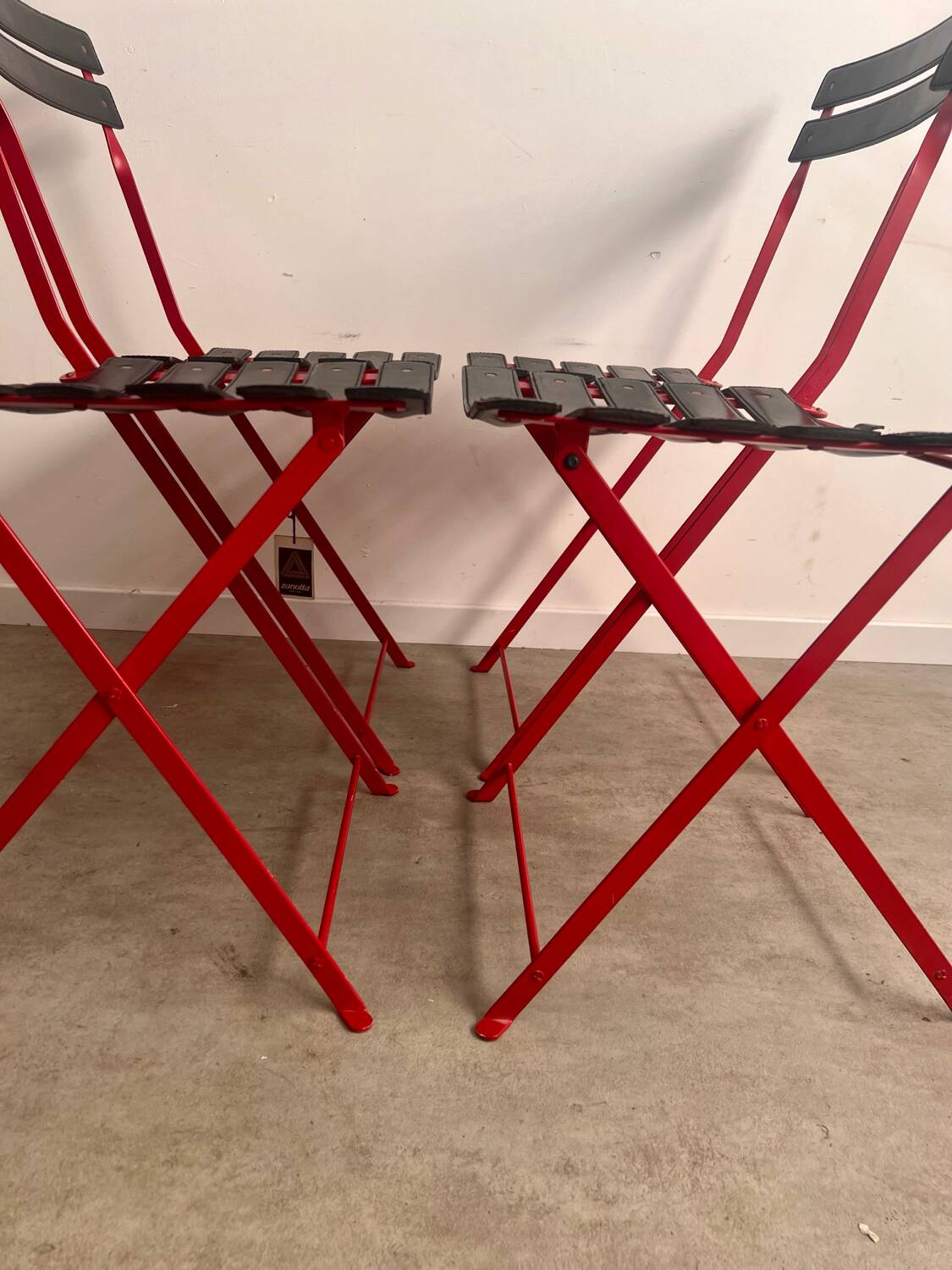 Set of 4 folding leather and metal chairs Italian design Zanuso for Zanotta Celestina vintage