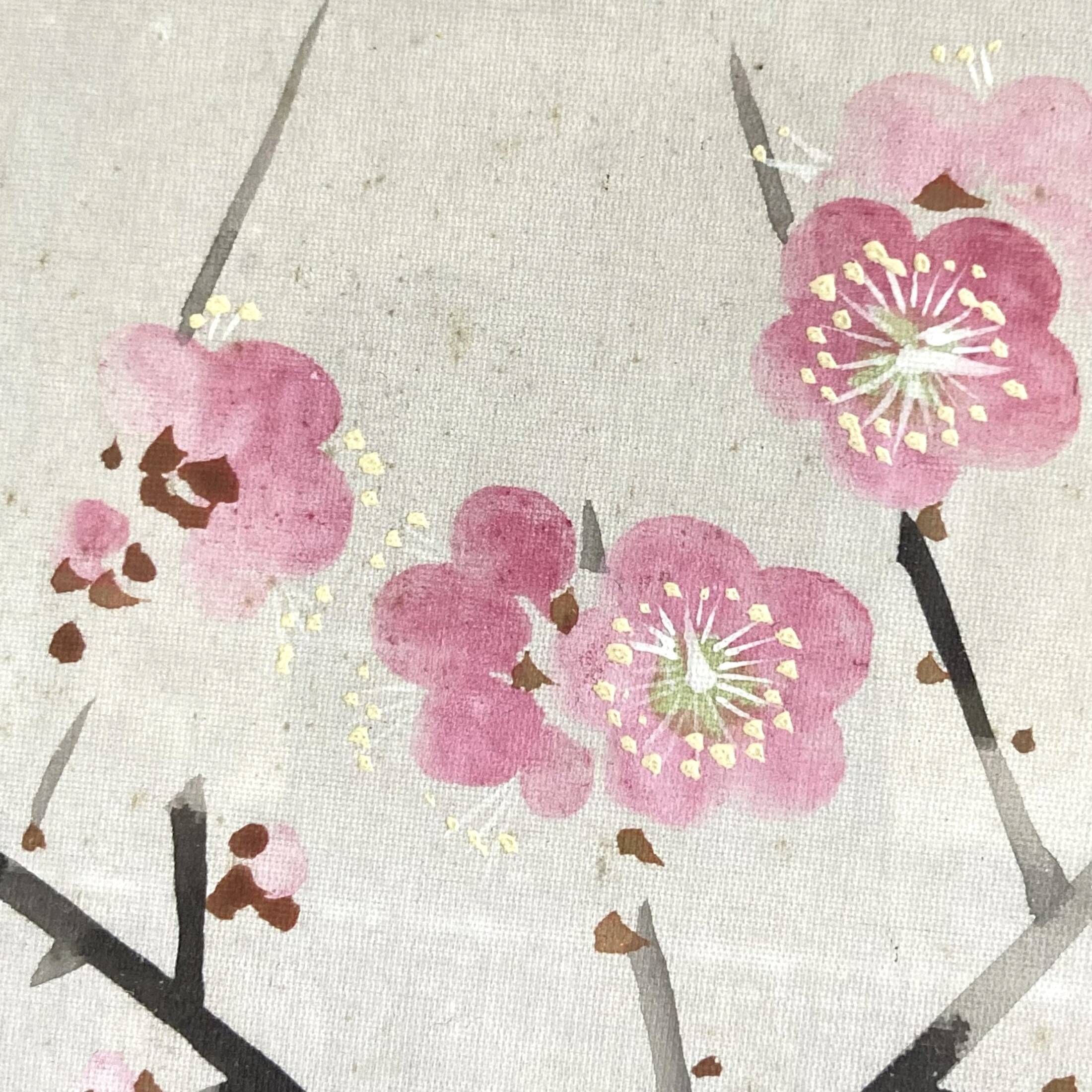 Small Japanese painting birds and cherry blossom Okada vintage old watercolor