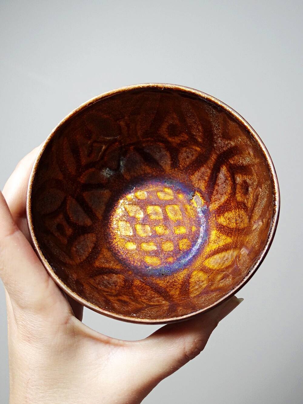 Pair of vintage hand-crafted blue and copper enamelled bowls.