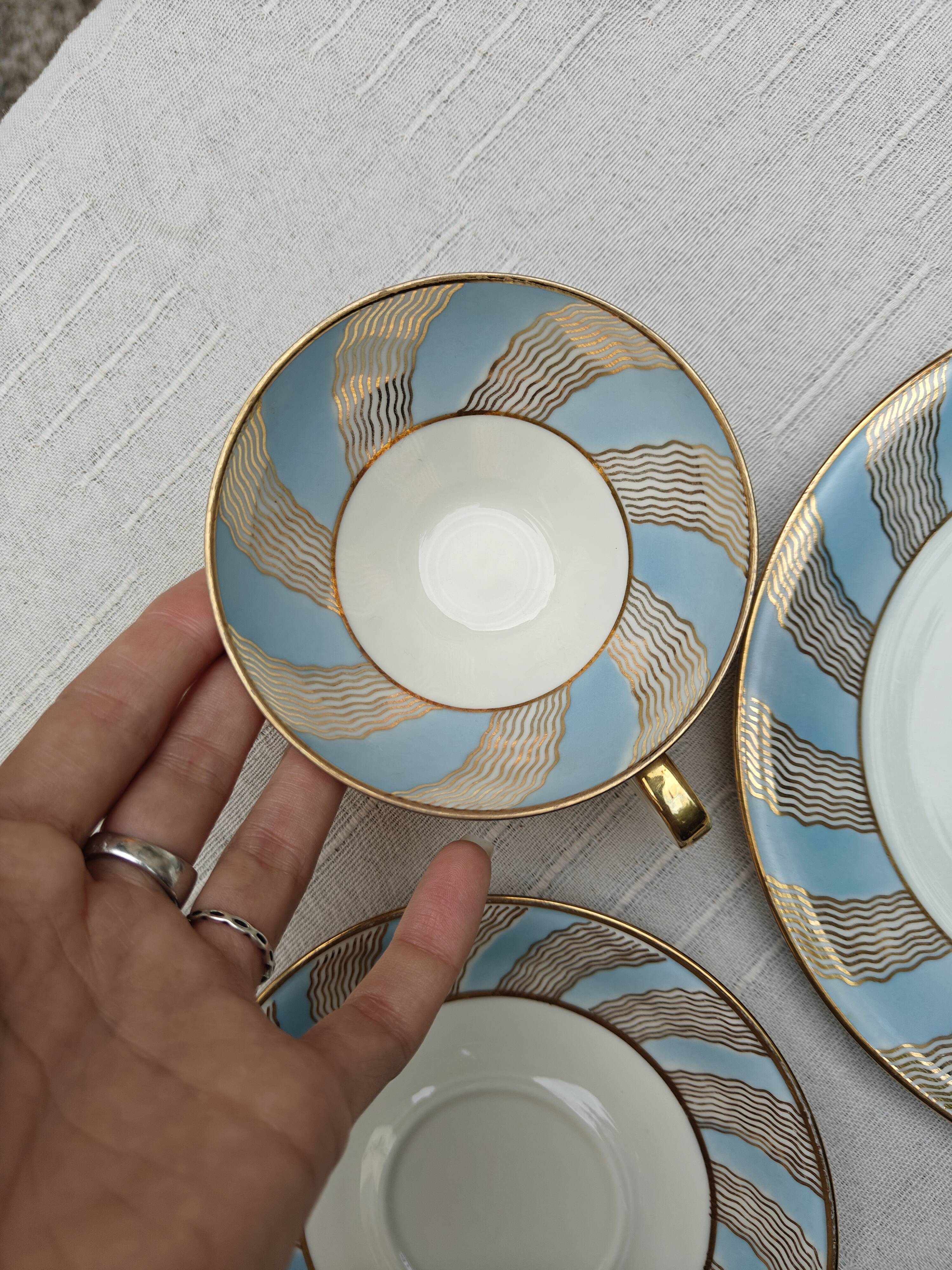 Vintage Bavaria ivory tea/coffee trio, sky blue & gold graphic waves.