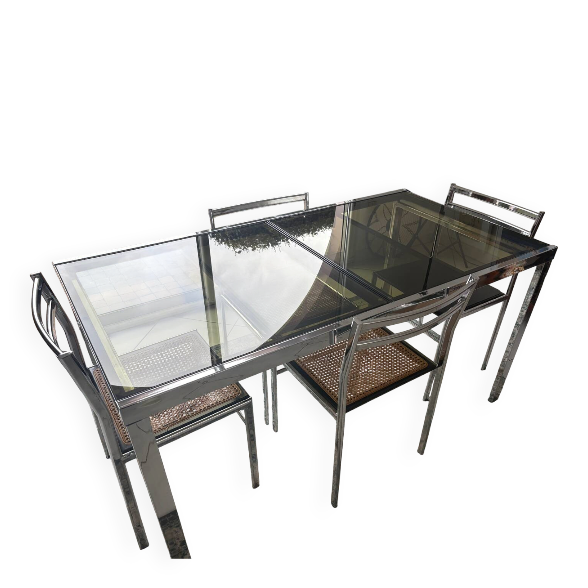 Vintage dining set – smoked glass & chrome – 5 chairs – year