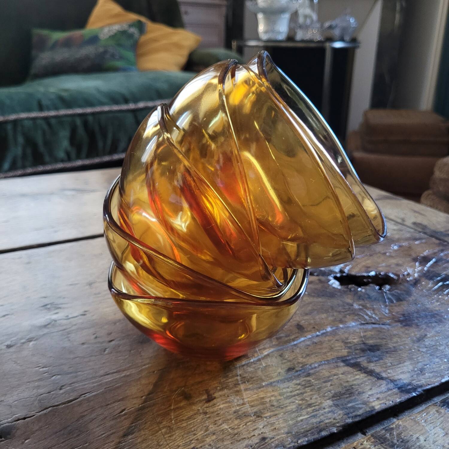 amber glass bowls – organic triangular shape – 1970s