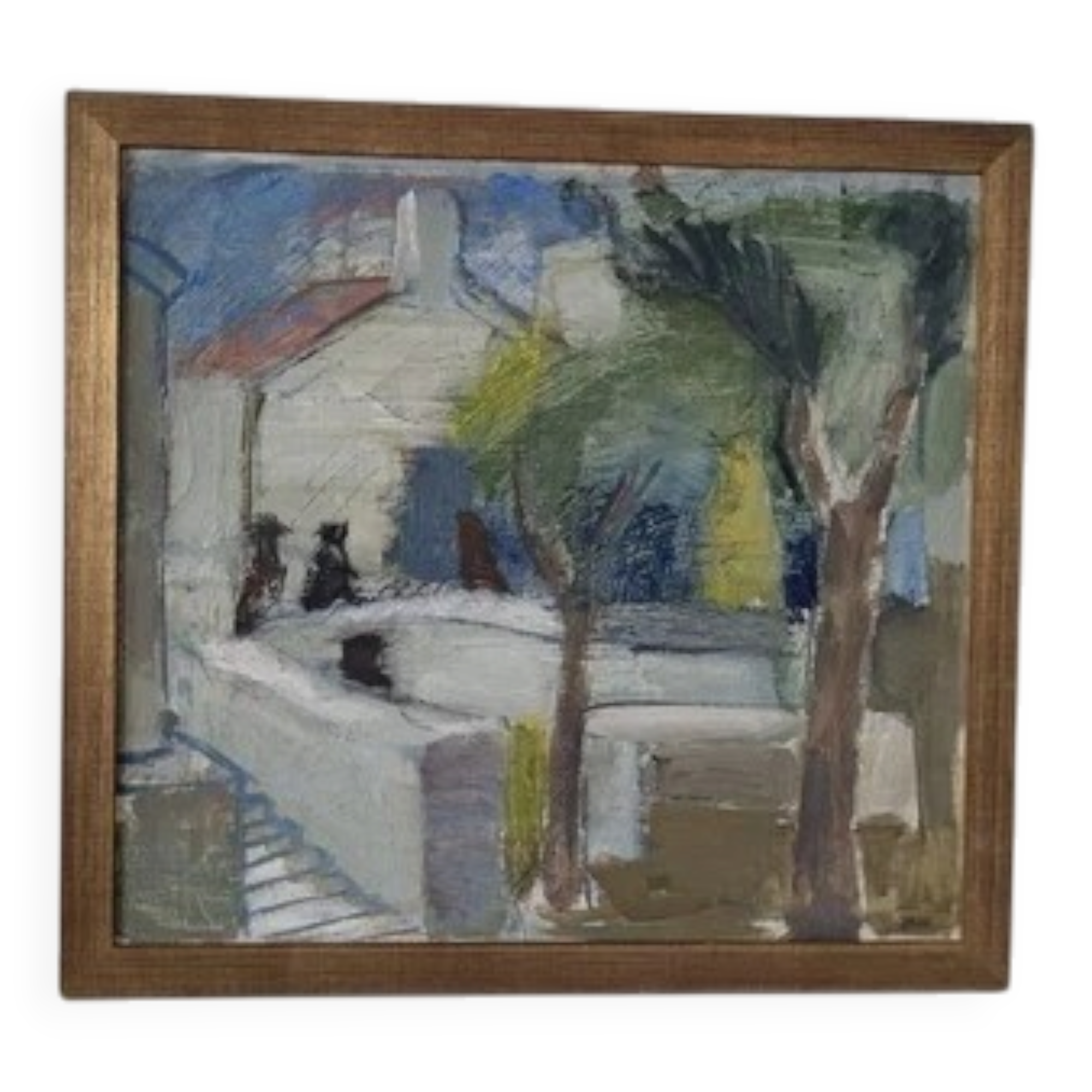 Mid-Century Oil on Canvas 'House with Two Trees' by Zage, Vintage & Framed