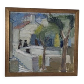 Mid-Century Oil on Canvas 'House with Two Trees' by Zage, Vintage & Framed