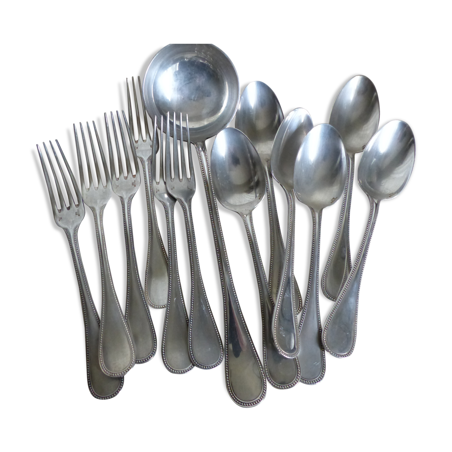 Six spoons, six forks, a ladle Christofle beaded style