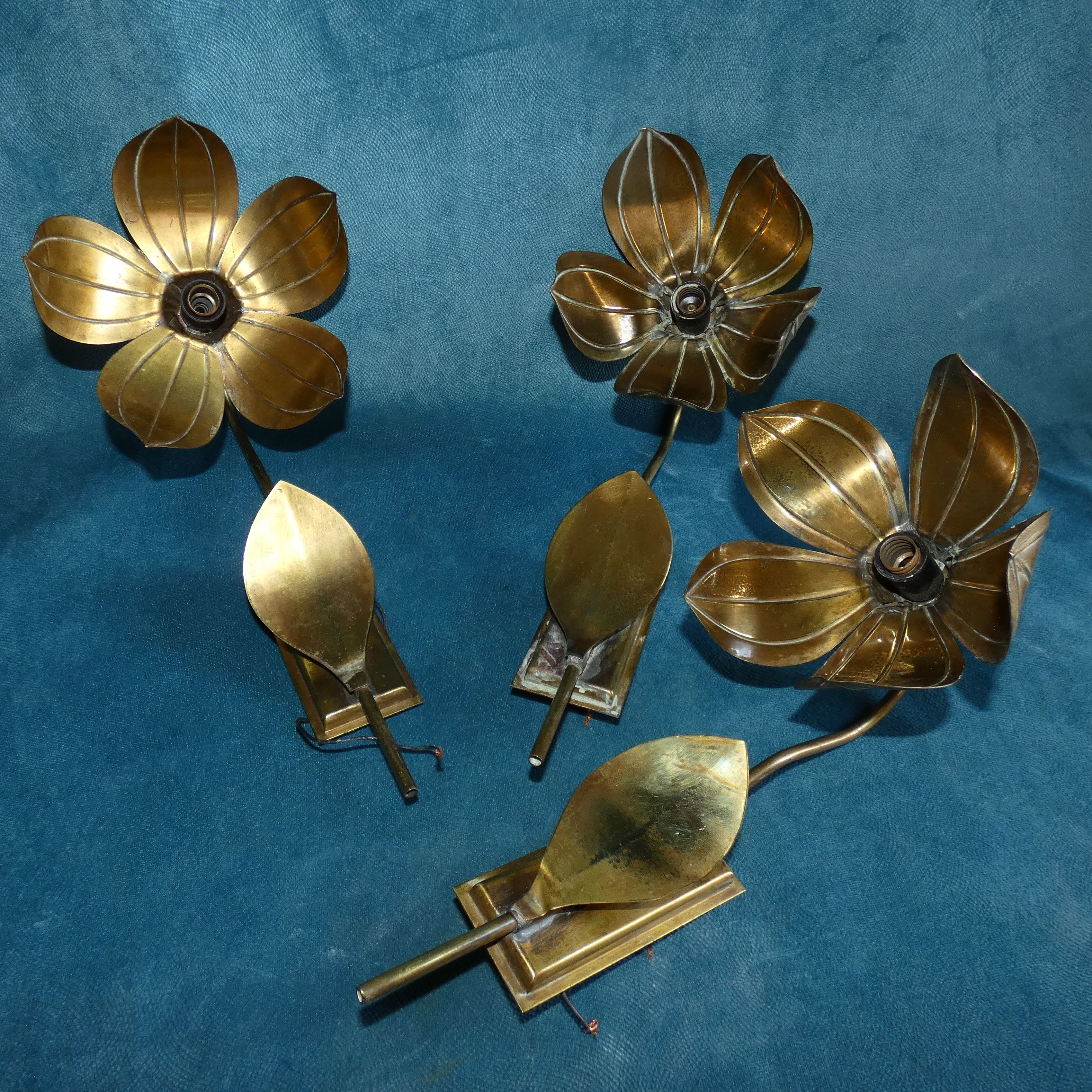 House florart 3 wall lamps vintage brass flowers circa 1960