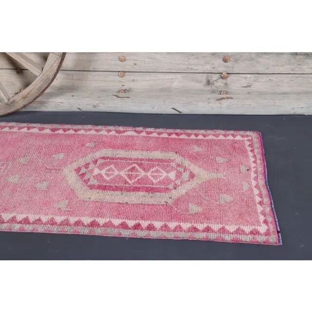 Vintage Turkish Oushak Handmade Wool Cotton Pink Runner Rug 90x312
