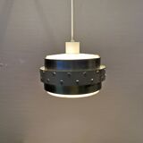 Metal hanging lamp with top and bottom grid of hard moulded plastic. Estimated 1970s.