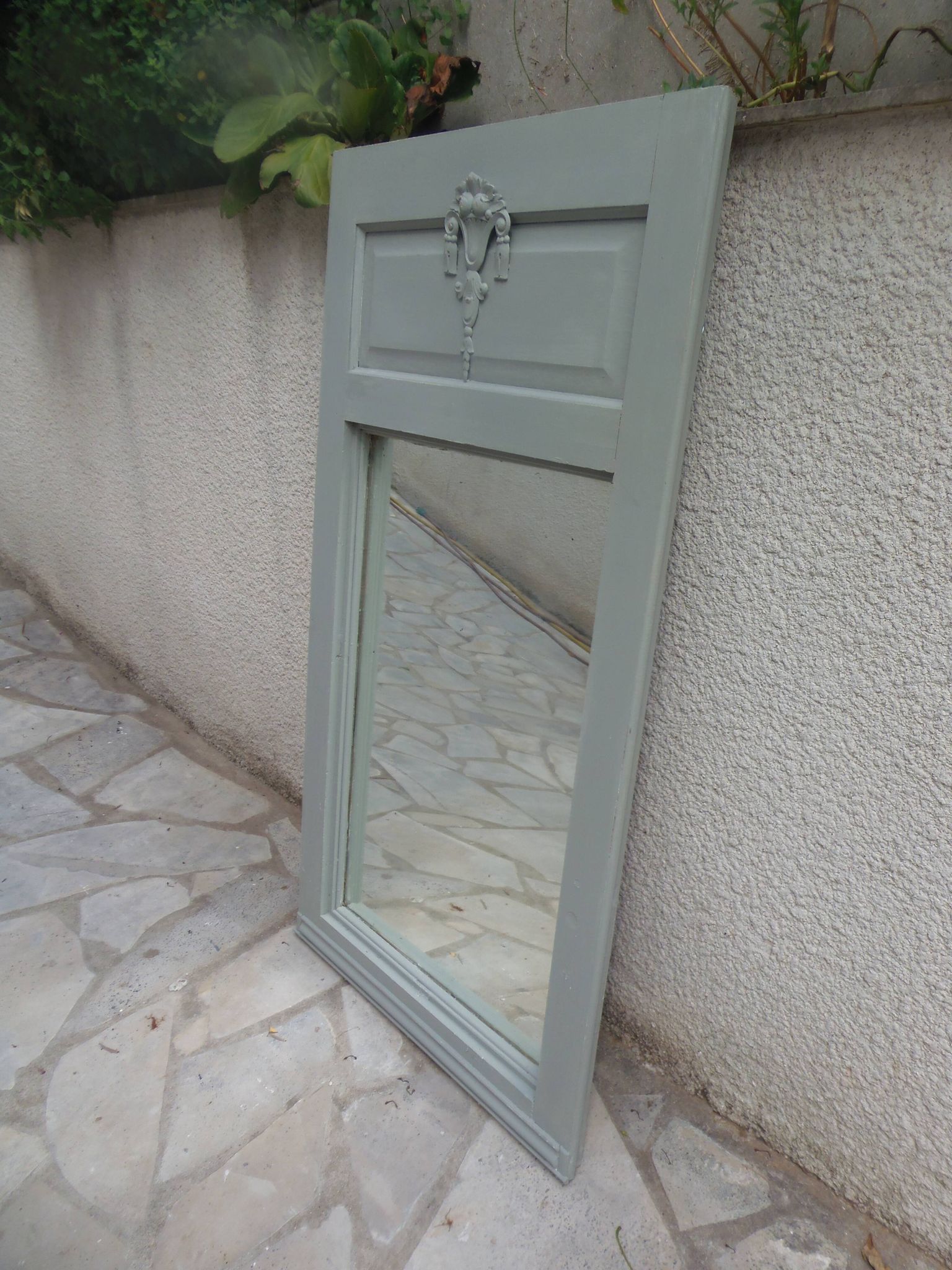 Antique mirror, painted trumeau in grey-green.