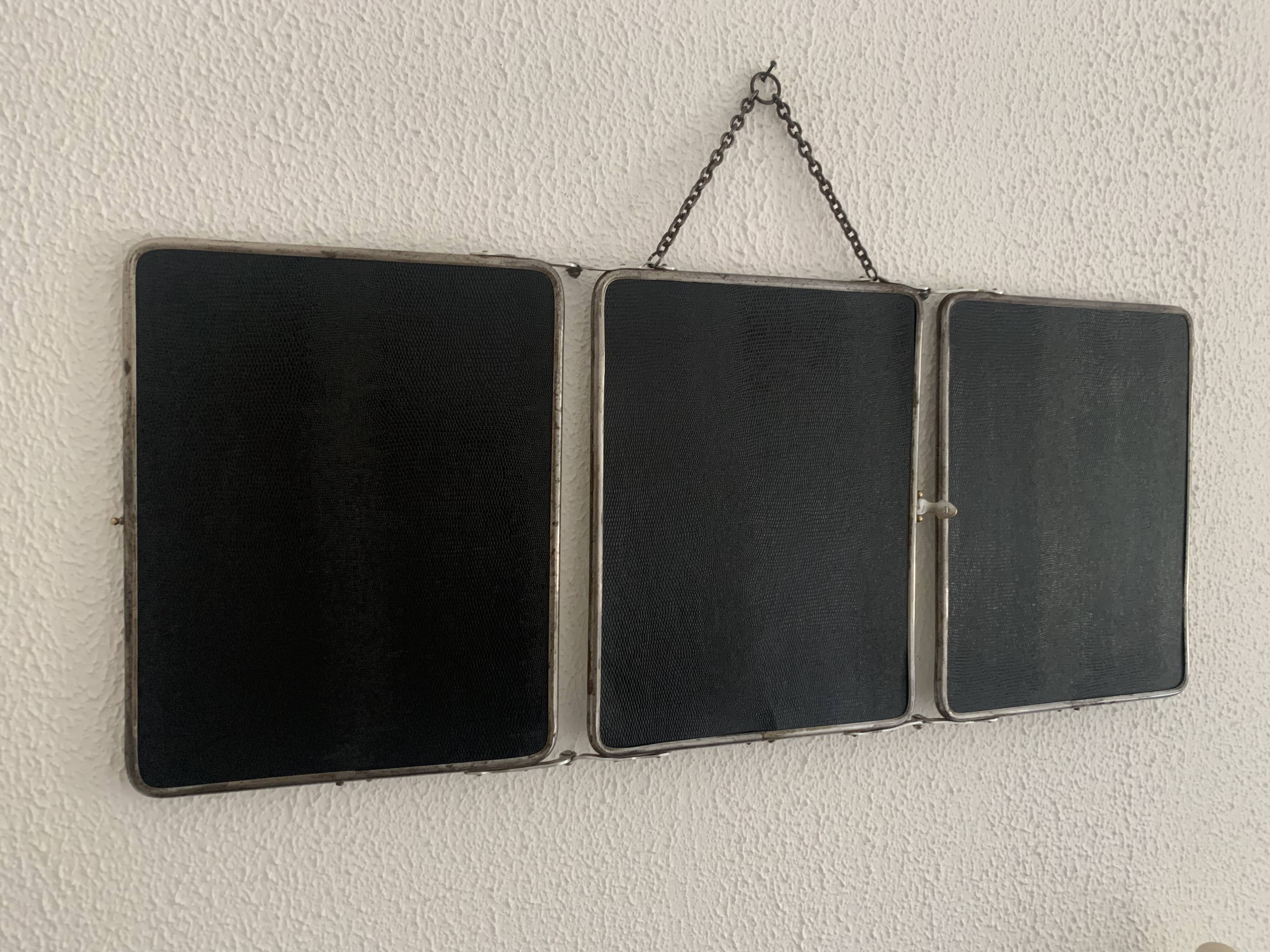 Vintage 1950s triptych barber mirror in black faux lizard - 27 x 67