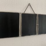 Vintage 1950s triptych barber mirror in black faux lizard - 27 x 67