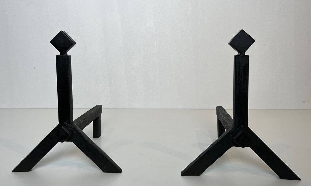 Pair of Modernist Black Iron Andirons with Diamond Finials and Angled Bases
