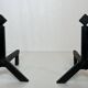 Pair of Modernist Black Iron Andirons with Diamond Finials and Angled Bases