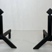 Pair of Modernist Black Iron Andirons with Diamond Finials and Angled Bases