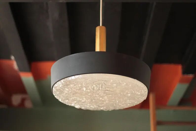 Jean Gandelin suspension in black lacquered sheet metal, white metal, brass, and diffuser in Cristalux/etched Plexiglas.
