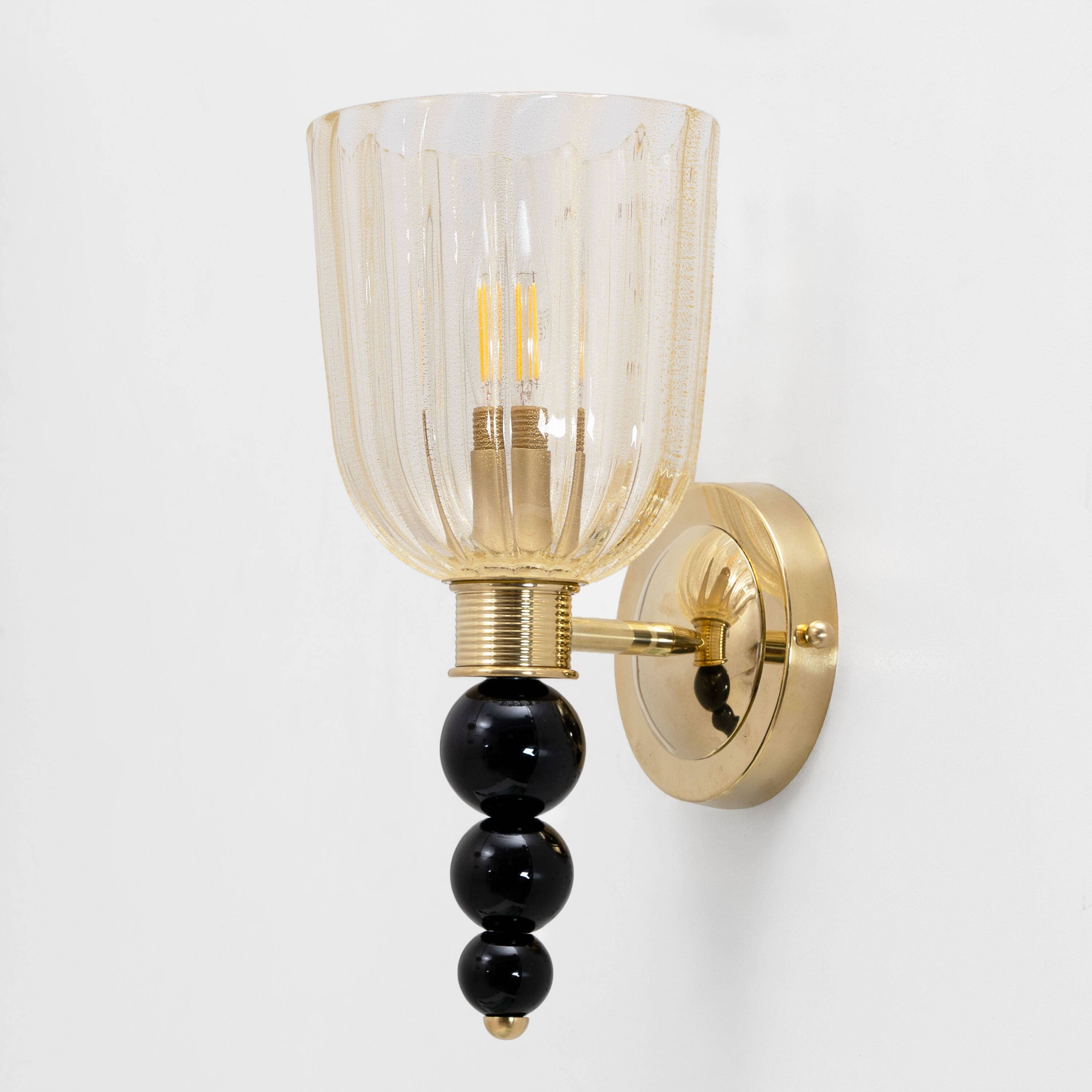 Pair of Italian Murano Glass Wall Sconces with Gold Dust Inclusions and Bra