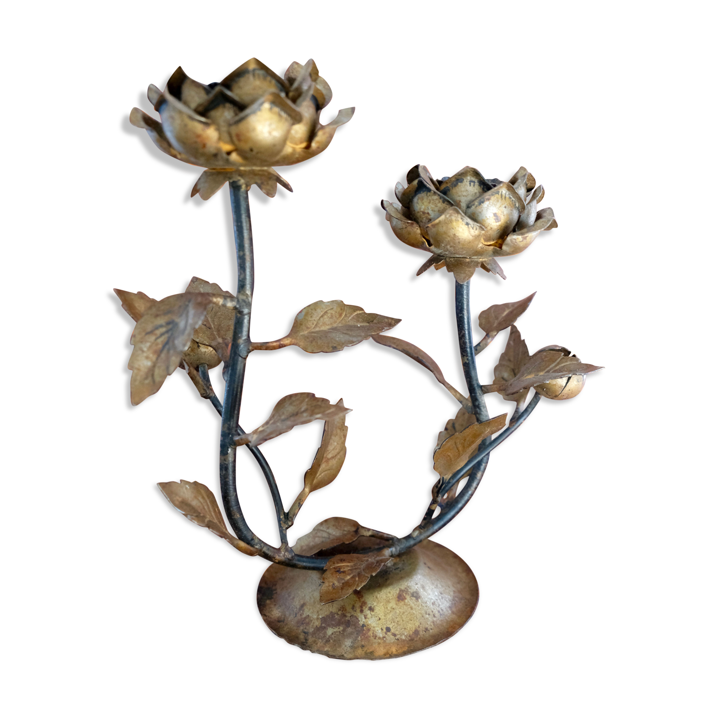 Hollywood Regency two-flowered metal candle, made in Italy