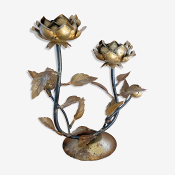 Hollywood Regency two-flowered metal candle, made in Italy
