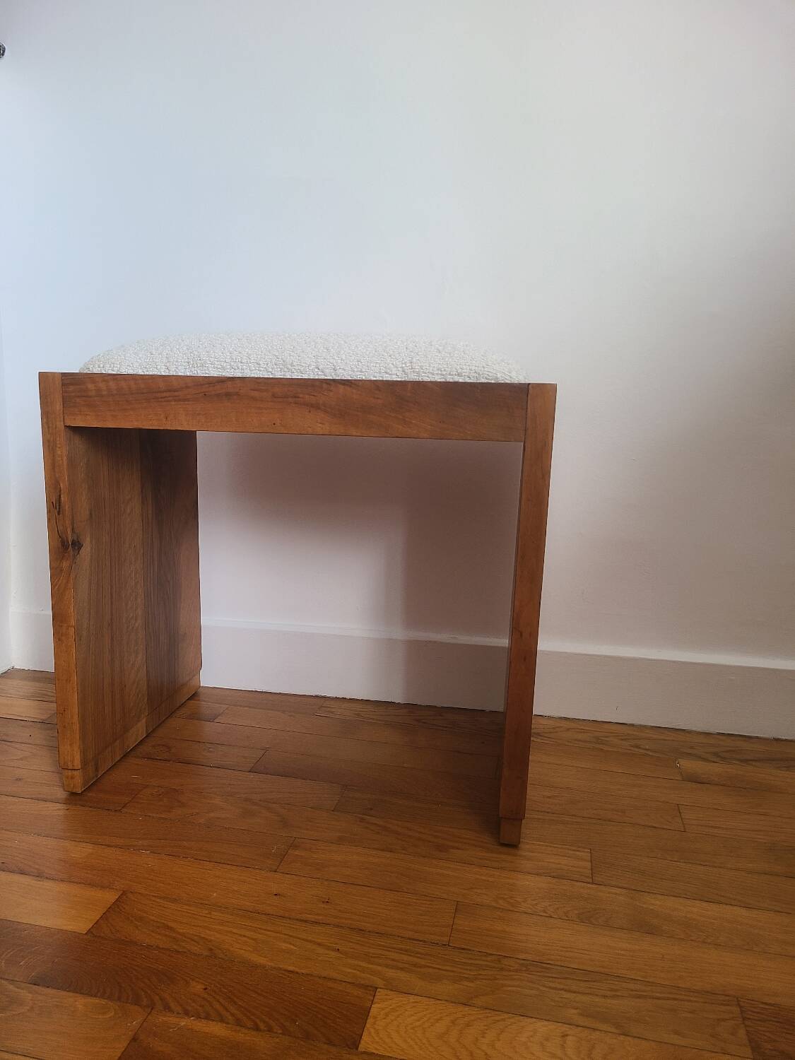 Antique Art Deco piano bench stool rosewood white bouclette fabric