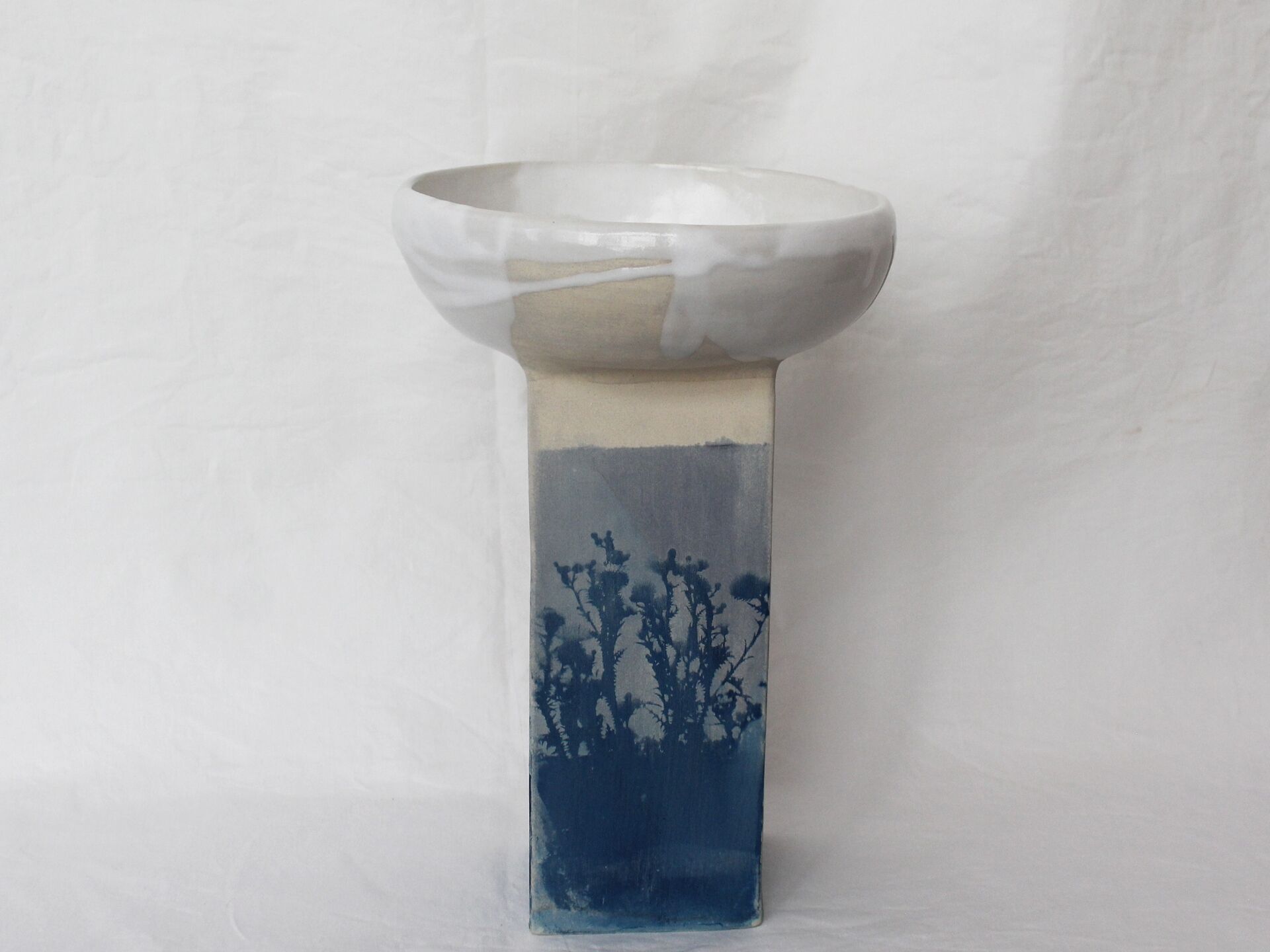 Ceramic piece decorated with cyanotype