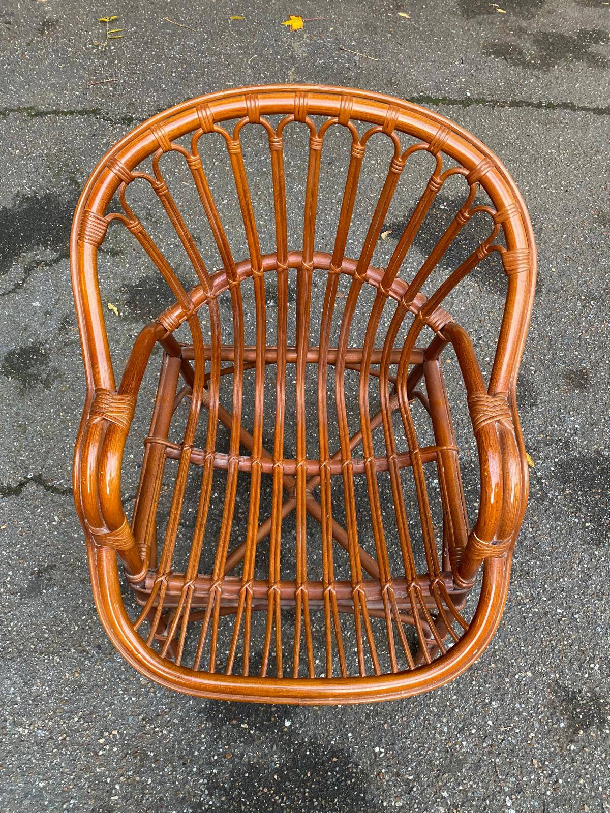 Adult rattan and wicker armchair, 1975, with beige cushion