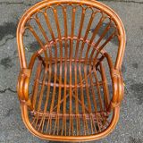Adult rattan and wicker armchair, 1975, with beige cushion