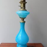 Pied de lampe opalin bleu et bronze