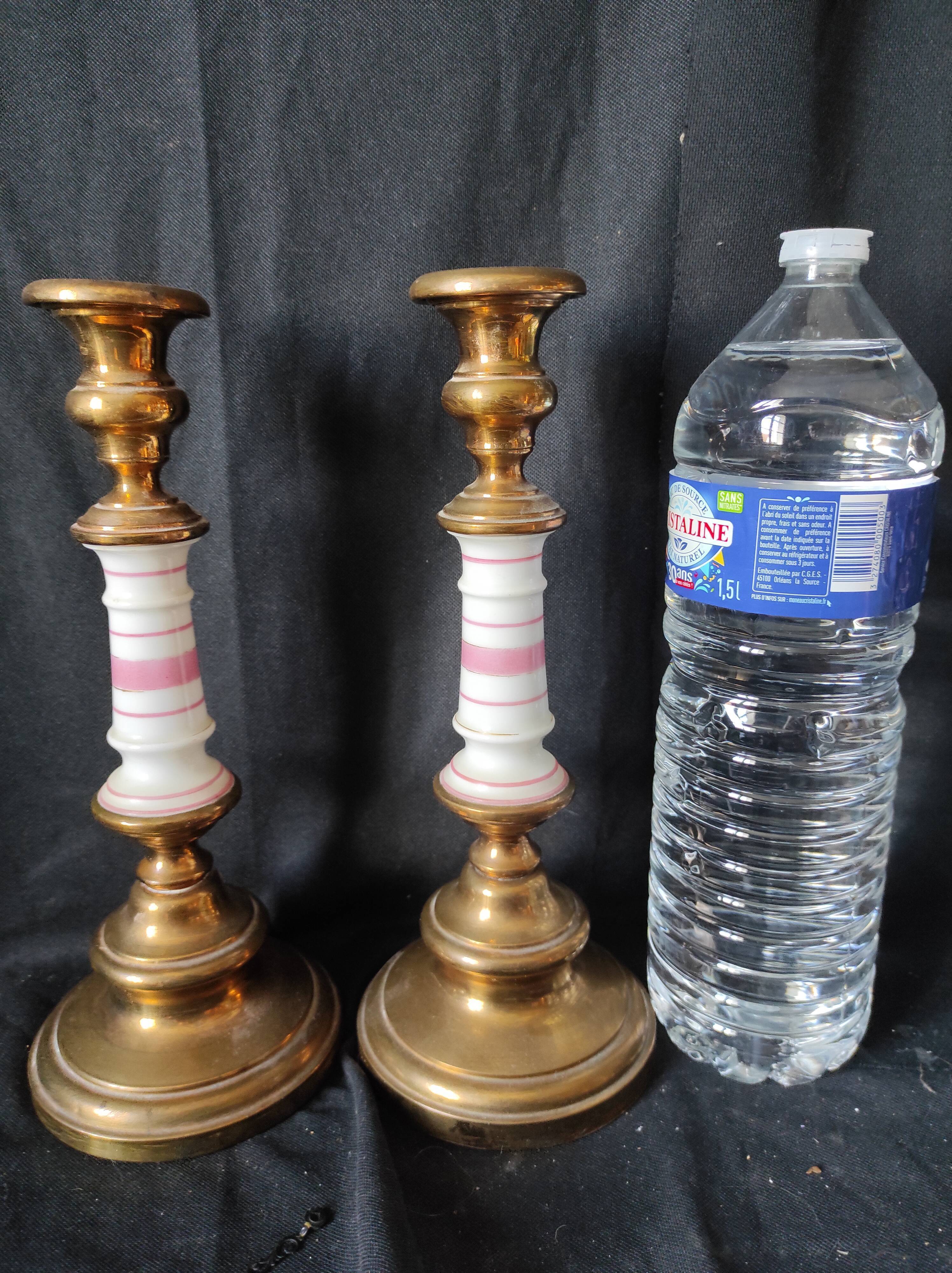 xix eme / pair brass porcelain candle holders