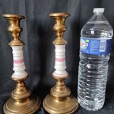xix eme / pair brass porcelain candle holders