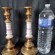 xix eme / pair brass porcelain candle holders