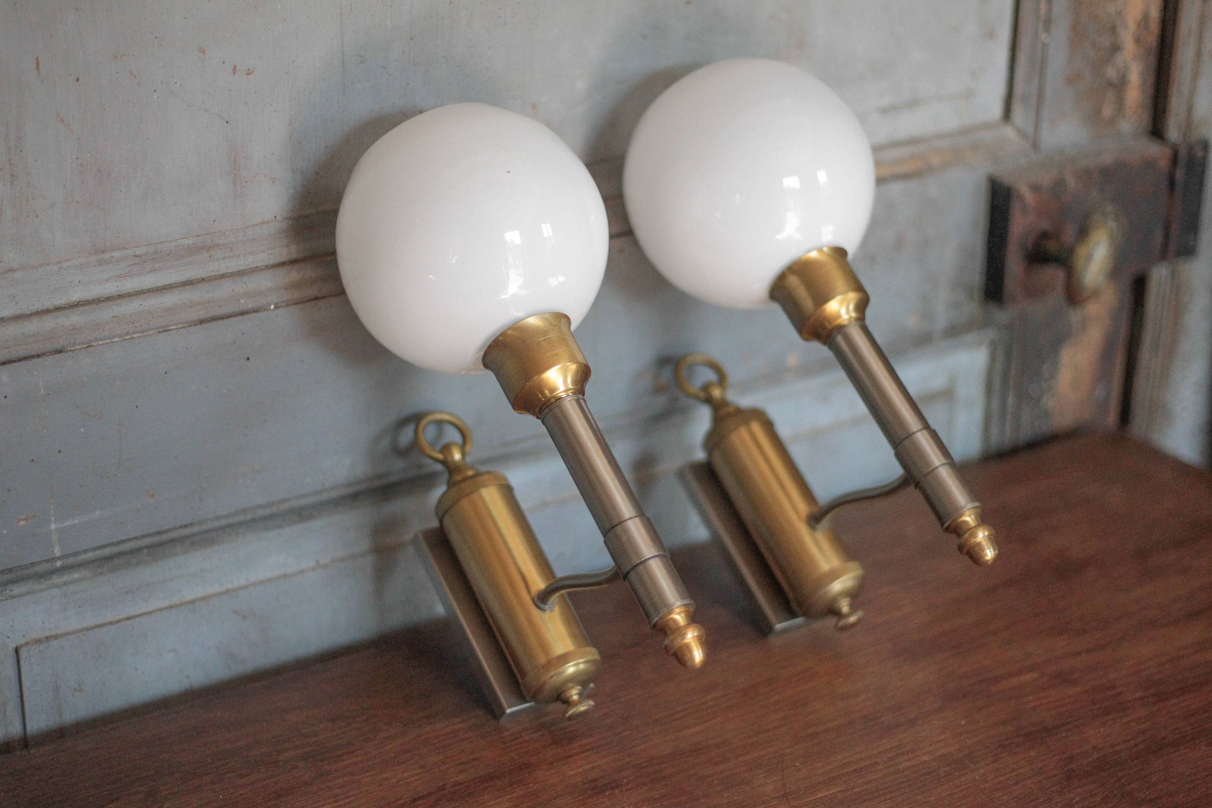 Pair of brass and white opaline wall lights, vintage wall light