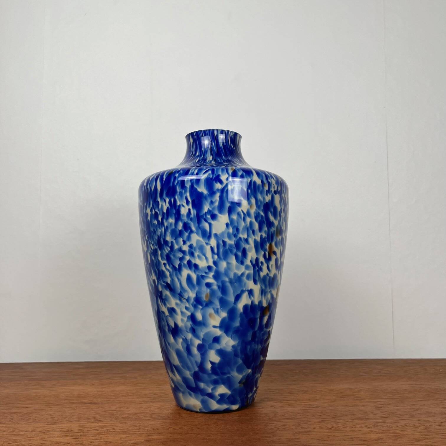 Blown glass vase with cobalt blue and white speckled effect, double walls